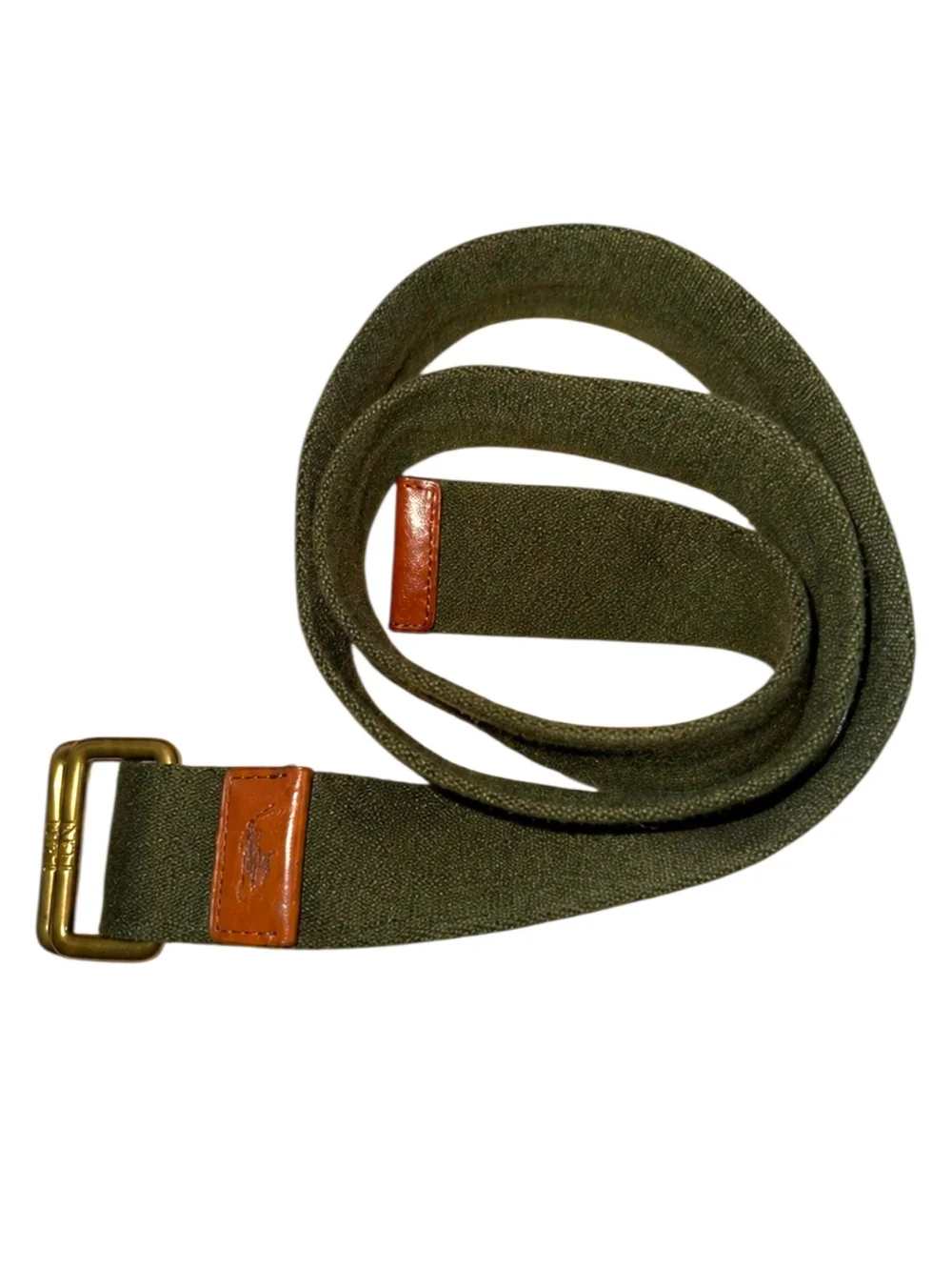 Vintage Polo Ralph Lauren Olive Web Belt Brass D Ring Leather Pony 46.5”